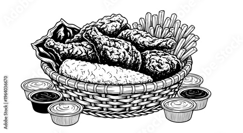 Delicious fried chicken vector illustration served in a basket with dipping sauces and french fries, a savory snack