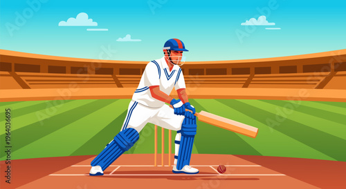 Cricket Player Batting Action Vector Illustration - A dynamic sports illustration depicting a batsman in mid-action at a stadium, perfect for sports and event promotions