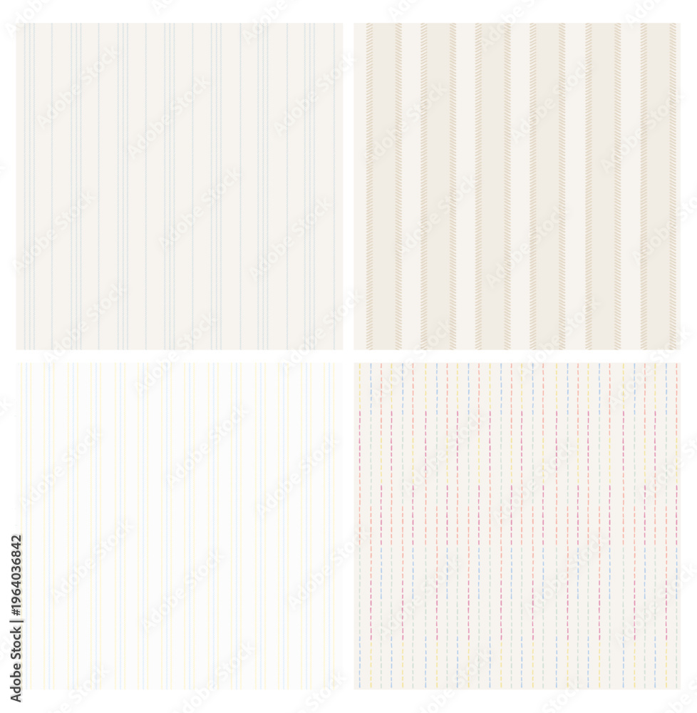 Obraz premium Set of seamless vector patterns with vertical stripes and dashed line elements in soft pastel colors. Minimal geometric textile backgrounds suitable for fabric, wrapping, wallpaper, and stationery des