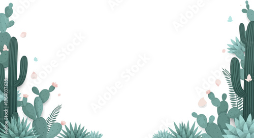Desert Cactus Border with Succulents and Flowers, Green and Pink Tones, White Background