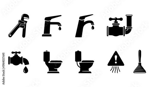  Plumbing and Bathroom Icon Set Featuring Faucet, Pipe, Toilet, Shower, Wrench, Leak, and Water System Symbols for Repair, Maintenance, and Sanitary Design