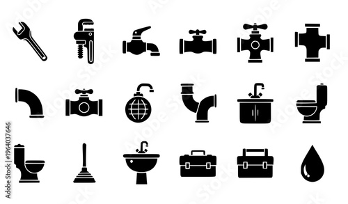  Plumbing and Water System Icon Set Featuring Pipe, Faucet, Sink, Toilet, Shower, Valve, Wrench, and Bathroom Equipment Symbols for Repair and Maintenance Design