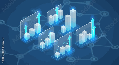 Glowing blue 3D bar charts rising.