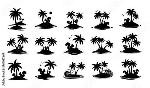 Tropical Island Silhouette Icon Set Featuring Palm Trees, Beach Landscapes, Ocean Scenes, and Exotic Summer Vacation Nature Elements for Travel Design