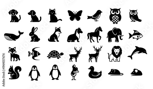  Animal Silhouette Icon Set Featuring Dog, Cat, Bird, Butterfly, Owl, Rabbit, Elephant, Horse, Fish, Penguin, Turtle, Lion, and Wildlife Collection for Nature Design