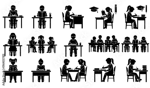  Student Classroom Activity Silhouette Set Featuring Children Studying, Writing, Reading, Group Learning, Teacher Interaction, and School Education Scenes for Academic Design