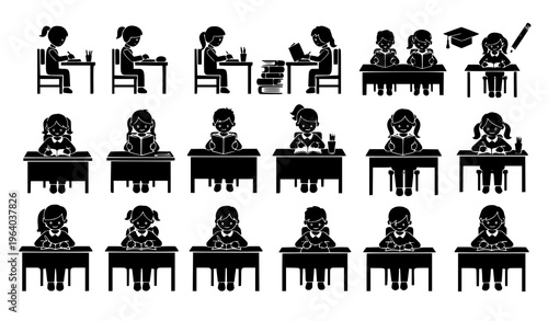 Student Classroom Activity Silhouette Set Featuring Children Writing, Studying, Raising Hands, and Learning at Desk for Education, School, and Academic Design