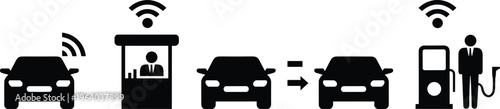 Smart car technology icons showing autonomous driving features with wireless communication for toll booth payment and automated electric vehicle charging station services infographic.