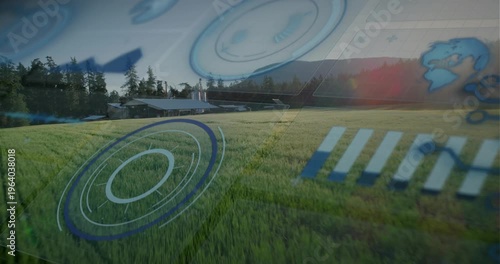 Camera gliding over crop field toward farm, initiating HUD parallax with rings and farming data