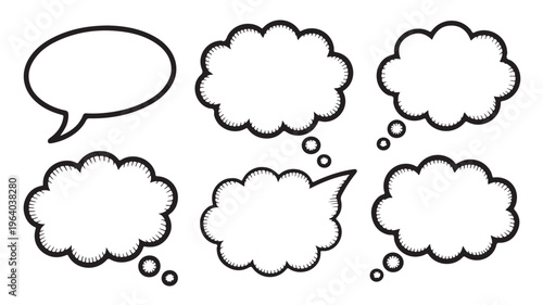 Speech Bubbles and Thought Clouds, Comic Book Dialogue Frames in Black and White Line Art
