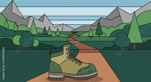 Green hiking boot on ground.