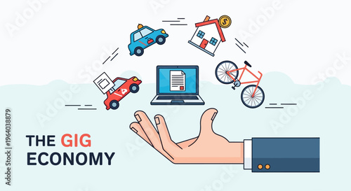 Hand with floating gig economy icons.