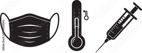 Medical icons, healthcare symbols, face mask, thermometer, syringe illustrations isolated on Transparent Background