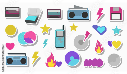 Y2K 90s Retro Outline Sticker Icons Set Minimal 80s 2000s Vintage Line Vector Collection