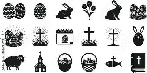 Black and white Easter holiday vector icon set with decorated eggs, bunnies, religious crosses, spring flowers, church, and holy bible.