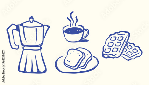 Breakfast Doodle Set Hand Drawn Illustration — Moka Pot, Coffee Cup, Bread Slices, Belgian Waffle Vector.