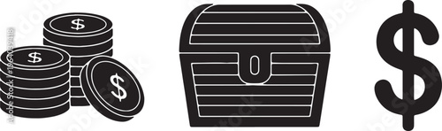 Money, finance, treasure icons, dollar symbols, coins and chest isolated on Transparent Background