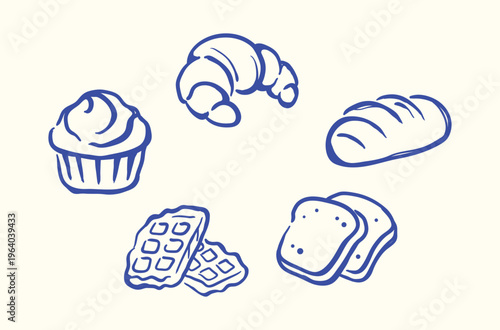 Bakery Doodle Set Hand Drawn Illustration — Cupcake, Croissant, Bread Loaf, Waffle, Toast Slices Vector.