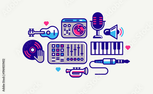 Music and sound producing vector detailed icon, recording studio mix audio, audio engineering bundle.