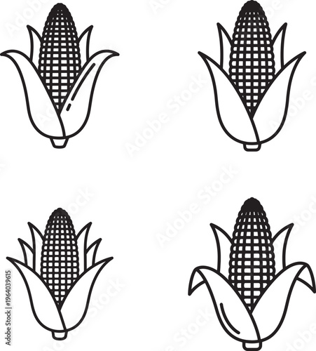 Four black and white illustrations of ears of corn