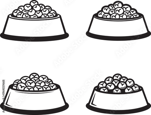 Four white dog food bowls filled with kibble