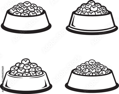 Four dog food bowls filled with kibble