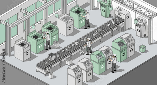 Industrial laundry facility with workers.