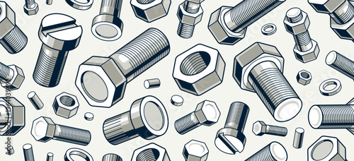 Bolts and nuts seamless background, repair and maintenance workshop tiling wallpaper, mechanic technics service endless pattern, elements easy to use separately.