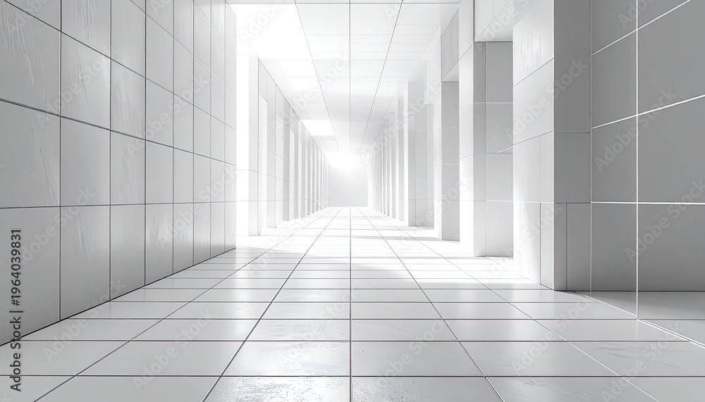 Obraz premium A brightly lit modern white hallway with tiled walls and floor.