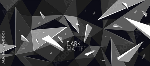 Low poly background with particles debris in motion vector design, 3D dynamic surface with debris explosion, triangular elements flying over polygonal backdrop.