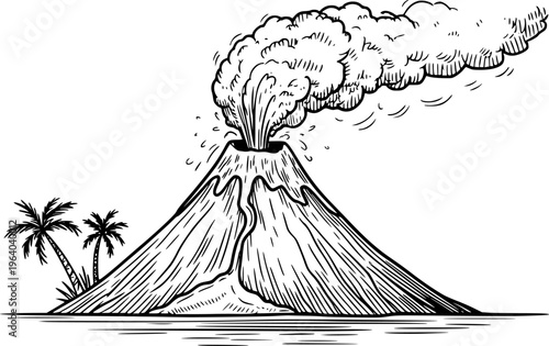 Black and white of a smoking volcano erupting with lava flows and palm trees an island