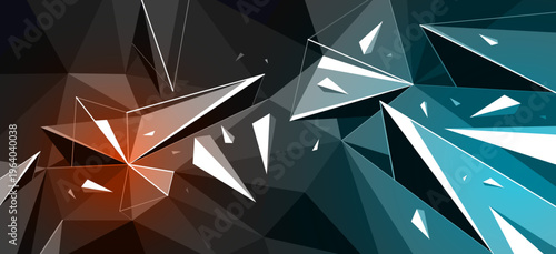 Low poly background with particles debris in motion and color spotlights vector design, 3D dynamic surface with debris explosion, triangular elements flying over polygonal backdrop.