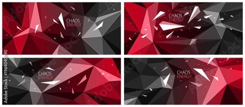 Polygonal vector abstract background set, 3D low poly dark hot surface structure with chaos motion of debris particles, broken elements flying dynamism, hot energy.