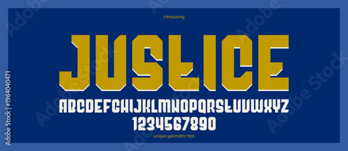 Bold and massive heavy geometric font for logo creation, modern geometrical vector display typeface, typography with no round elements, only corners and straight lines geometry.