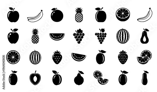  Fruit Icon Set Featuring Apple, Banana, Pineapple, Watermelon, Grapes, Citrus, Strawberry, and Various Fresh Fruits for Healthy Food and Organic Market Design