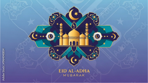 Eid Al-Adha celebration with mosque and crescent moon decorations