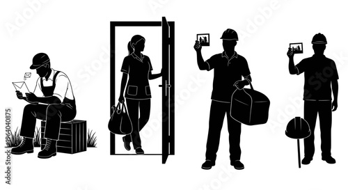 Diverse Essential Workers Home Service Healthcare Construction Vector Silhouette