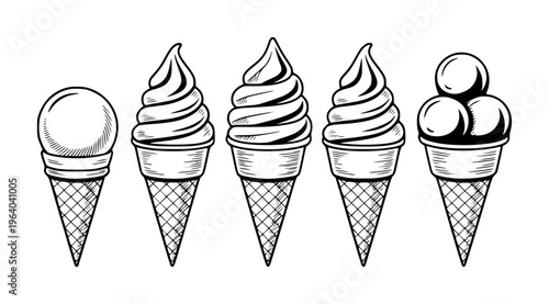Hand Drawn Ice Cream Cones Collection Black and White Style dessert sweet