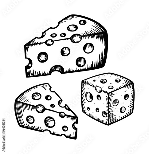 Hand drawn Swiss cheese wedges and cube with holes isolated white background food