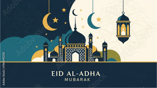 Eid Al-Adha celebration with mosque lanterns and crescent moons