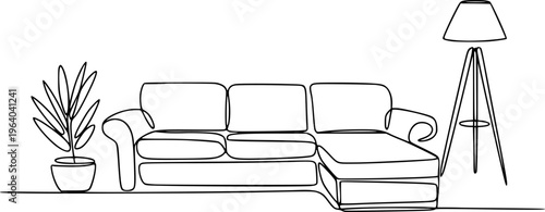Minimalist Line Sectional Sofa with Potted Plant and Tripod Floor Lamp White Background