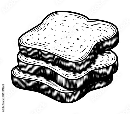 Stack of Sliced Bread Loaves in Black and White Engraving Style food loaf