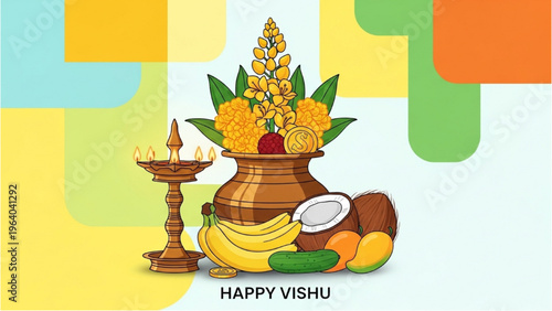 Traditional Indian Vishu celebration with floral pot and fruits displayed
