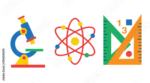 A colorful illustration of science and education tools including a microscope, atom symbol, and geometric ruler on a black background.