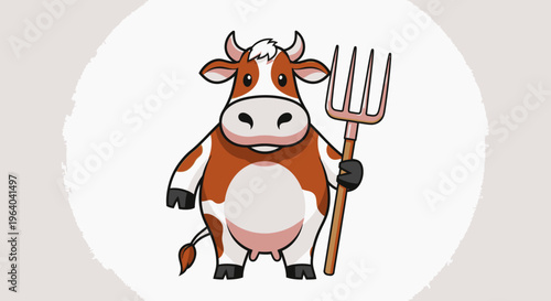 Cartoon cow holding pitchfork standing.