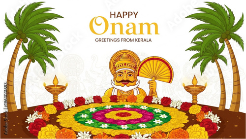 A traditional Onam celebration with a king sitting amidst flowers and diyas