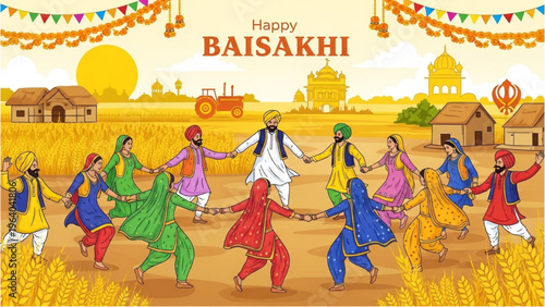 People celebrate Baisakhi with traditional dance in a wheat field near a village