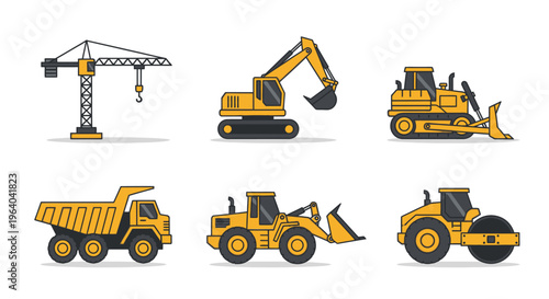 Collection of heavy construction vehicles icons.