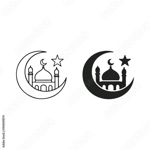 Islamic Mosque Crescent Moon and Star Icon Vector Illustration