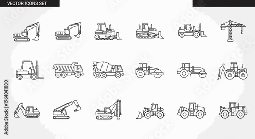 Collection of heavy duty vehicle icons.